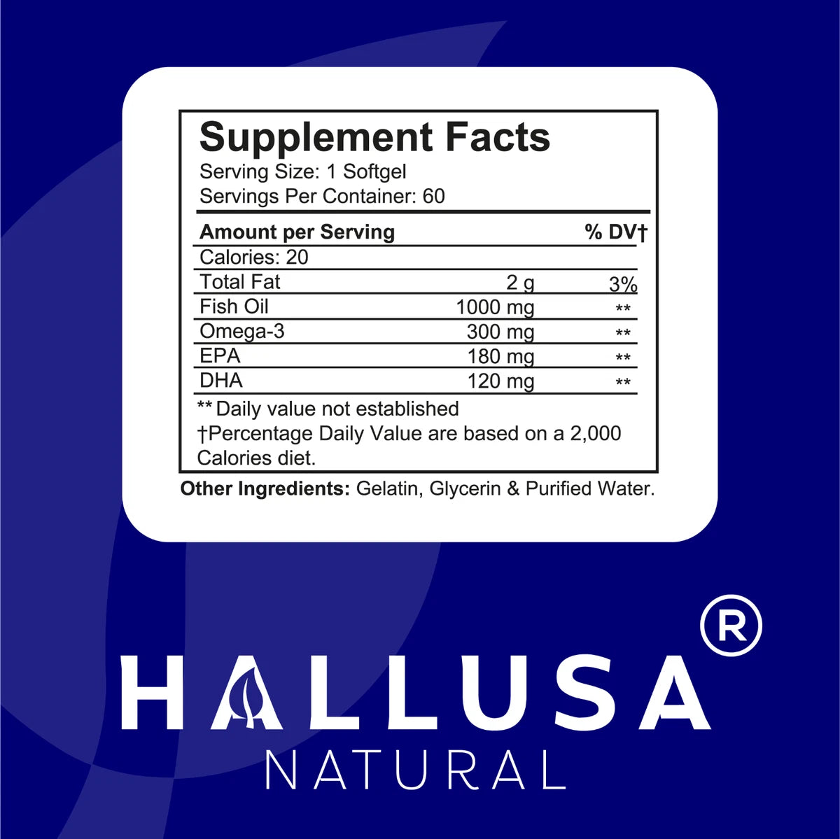 Omega 3 Fish Oil 1000 mg, EPA 180mg DHA 120mg, Heart & Joint Support 60 Softgels